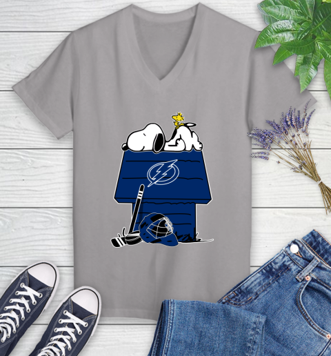 Tampa Bay Lightning NHL Hockey Snoopy Woodstock The Peanuts Movie Women's V-Neck T-Shirt 4