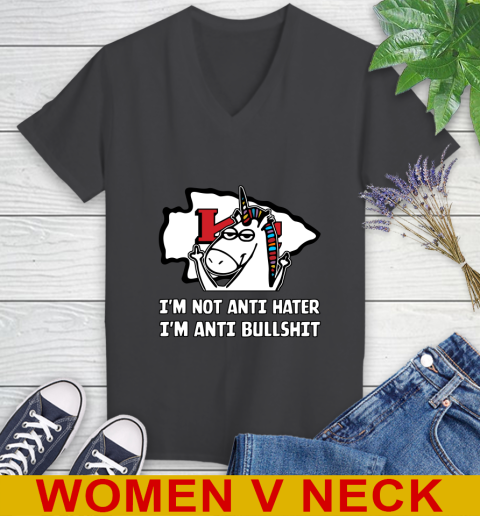 Kansas City Chiefs NFL Football Unicorn I'm Not Anti Hater I'm Anti Bullshit Women's V-Neck T-Shirt 9
