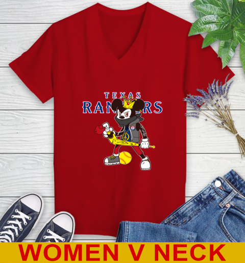 Texas Rangers MLB Baseball Mickey Peace Sign Sports Women's V-Neck T-Shirt 12