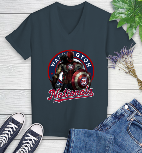 MLB Captain America Thor Spider Man Hawkeye Avengers Endgame Baseball Washington Nationals Women's V-Neck T-Shirt 8
