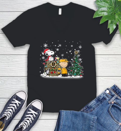 NHL Boston Bruins Snoopy Charlie Brown Woodstock Christmas Stanley Cup Hockey V-Neck T-Shirt