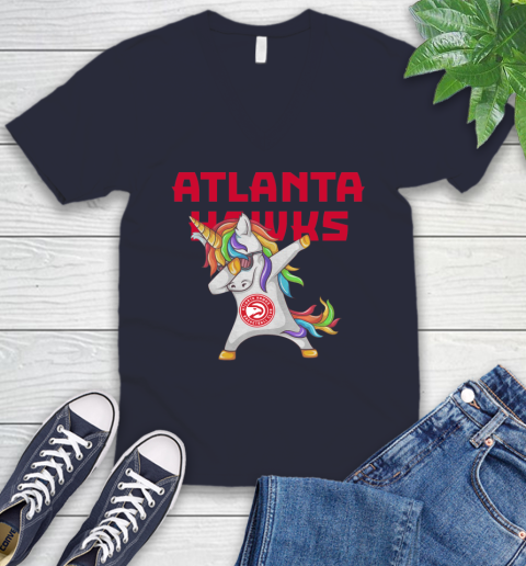 Atlanta Hawks NBA Basketball Funny Unicorn Dabbing Sports V-Neck T-Shirt 3