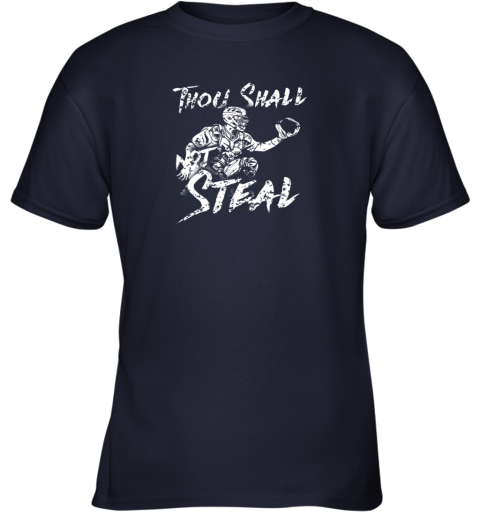 pg5v thou shall not steal baseball catcher youth t shirt 26 front navy