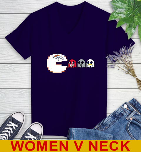 Denver Broncos NFL Football Pac Man Champion Women's V-Neck T-Shirt 4