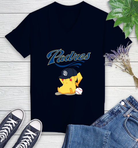 MLB Pikachu Baseball Sports San Diego Padres Women's V-Neck T-Shirt 3