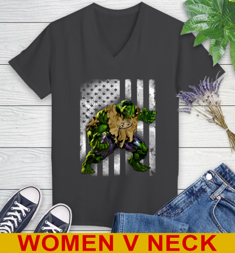 Anaheim Ducks Hulk Marvel Avengers NHL Hockey American Flag Women's V-Neck T-Shirt 8