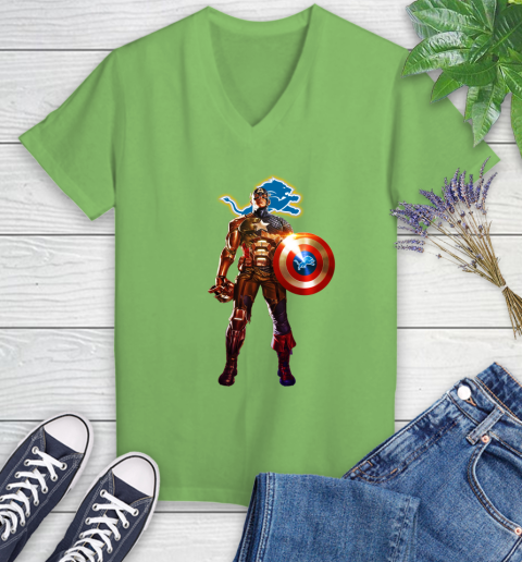 NFL Captain America Marvel Avengers Endgame Football Sports Detroit Lions Women's V-Neck T-Shirt 11