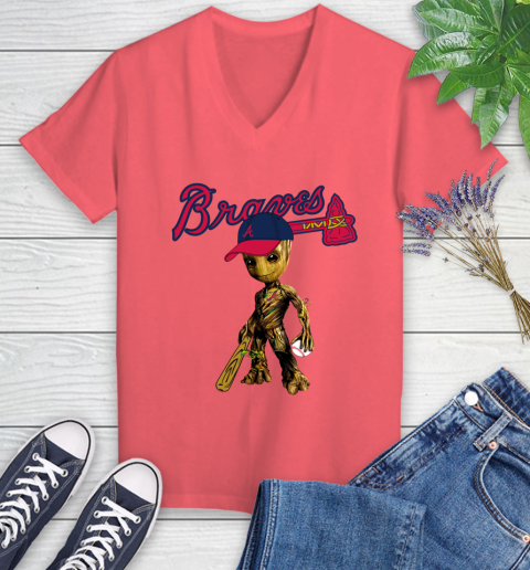 MLB Atlanta Braves Groot Guardians Of The Galaxy Baseball Women's V-Neck T-Shirt 6
