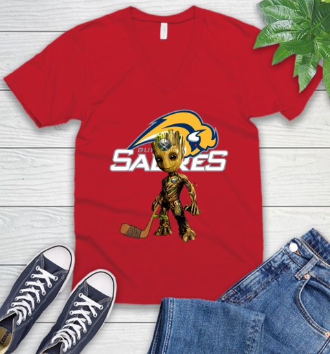 Buffalo Sabres NHL Hockey Groot Marvel Guardians Of The Galaxy V-Neck T-Shirt 7