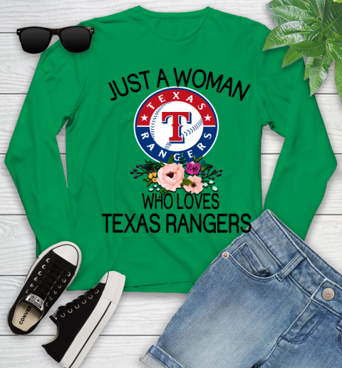 MLB Just A Woman Who Loves Texas Rangers Baseball Sports Youth Long Sleeve 4