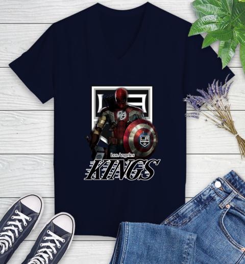 NHL Captain America Thor Spider Man Hawkeye Avengers Endgame Hockey Los Angeles Kings Women's V-Neck T-Shirt 3