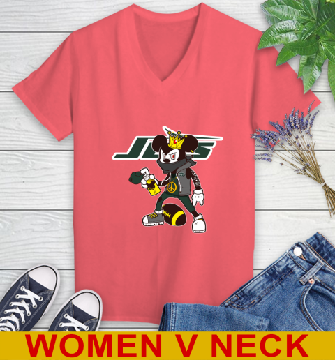New York Jets NFL Football Mickey Peace Sign Sports Women's V-Neck T-Shirt 7