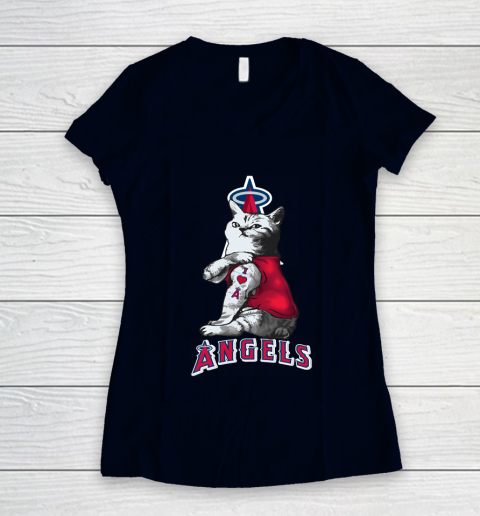 MLB Baseball My Cat Loves Los Angeles Angels Women's V-Neck T-Shirt 2