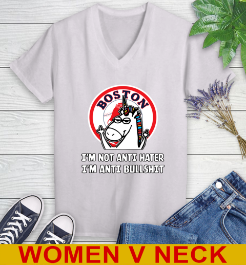 Boston Red Sox MLB Baseball Unicorn I'm Not Anti Hater I'm Anti Bullshit Women's V-Neck T-Shirt