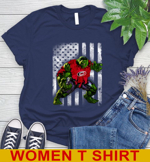 Carolina Hurricanes Hulk Marvel Avengers NHL Hockey American Flag Women's T-Shirt 12