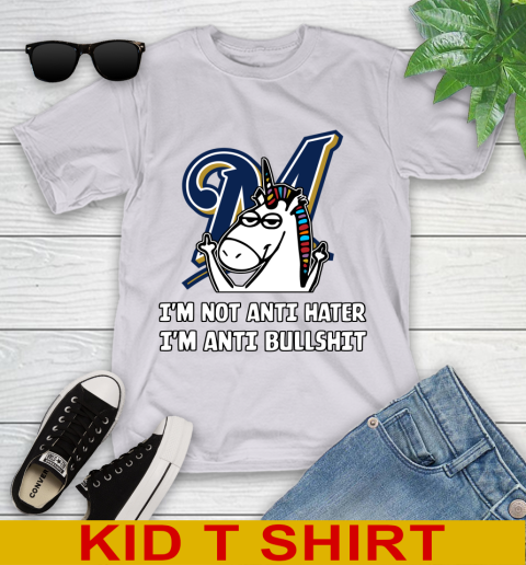 Milwaukee Brewers MLB Baseball Unicorn I'm Not Anti Hater I'm Anti Bullshit Youth T-Shirt 5
