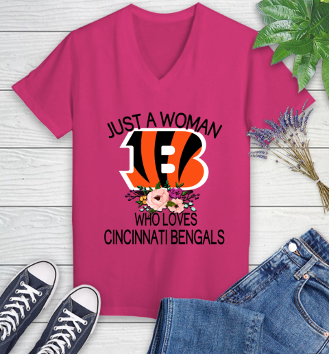 NFL Just A Woman Who Loves Cincinnati Bengals Football Sports Women's V-Neck T-Shirt 5