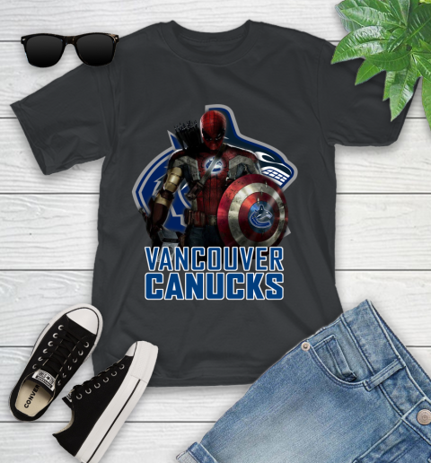 NHL Captain America Thor Spider Man Hawkeye Avengers Endgame Hockey Vancouver Canucks Youth T-Shirt 2