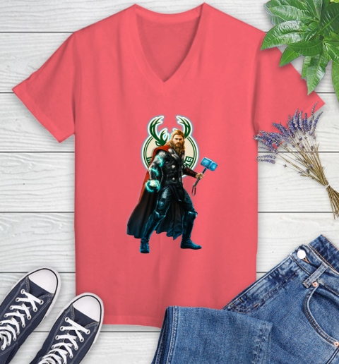 NBA Thor Avengers Endgame Basketball Milwaukee Bucks Women's V-Neck T-Shirt 6
