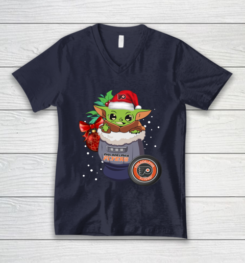 Philadelphia Flyers Christmas Baby Yoda Star Wars Funny Happy NHL V-Neck T-Shirt 3