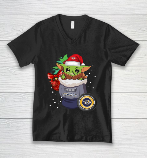 Nashville Predators Christmas Baby Yoda Star Wars Funny Happy NHL V-Neck T-Shirt