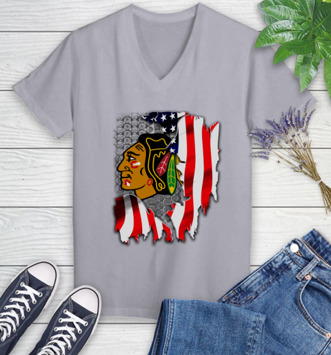 Chicago Blackhawks NHL Hockey American Flag Women's V-Neck T-Shirt 4