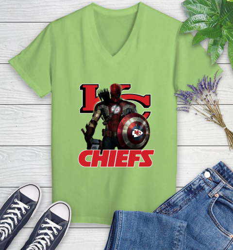 NFL Captain America Thor Spider Man Hawkeye Avengers Endgame Football Kansas City Chiefs Women's V-Neck T-Shirt 11