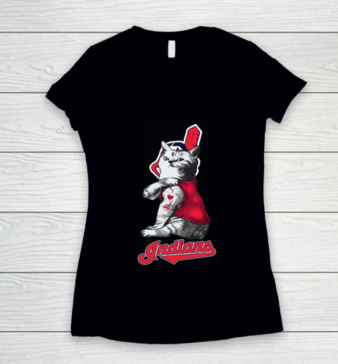 MLB Baseball My Cat Loves Cleveland Indians Women's V-Neck T-Shirt
