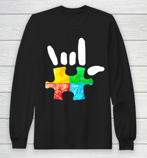 Autism Awareness Hand Rock and Roll Puzzle Pieces Tie Dye Style Long Sleeve T-Shirt