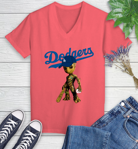 MLB Los Angeles Dodgers Groot Guardians Of The Galaxy Baseball Women's V-Neck T-Shirt 6