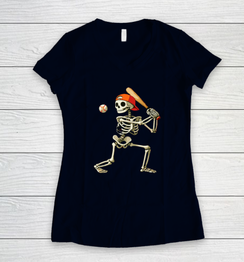 Skeleton Baseball Halloween Costume Funny Women's V-Neck T-Shirt 2