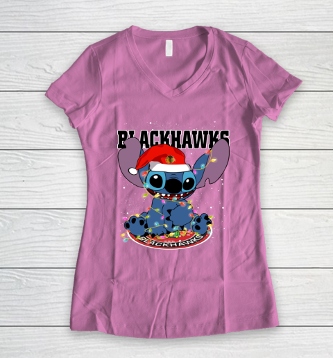 Chicago Blackhawks NHL Hockey noel stitch Christmas Women's V-Neck T-Shirt 8