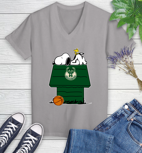 Milwaukee Bucks NBA Basketball Snoopy Woodstock The Peanuts Movie Women's V-Neck T-Shirt 4
