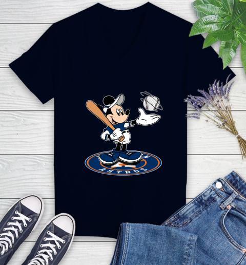 MLB Baseball Houston Astros Cheerful Mickey Disney Shirt Women's V-Neck T-Shirt 3