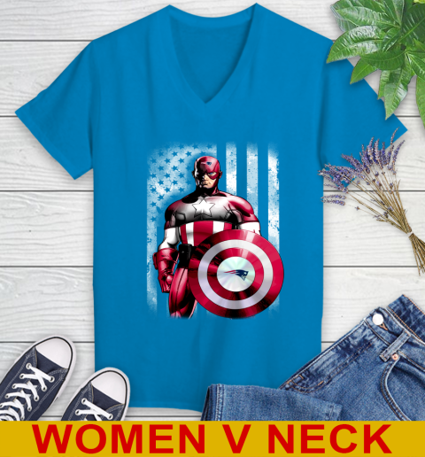 New England Patriots NFL Football Captain America Marvel Avengers American Flag Shirt Women's V-Neck T-Shirt 7