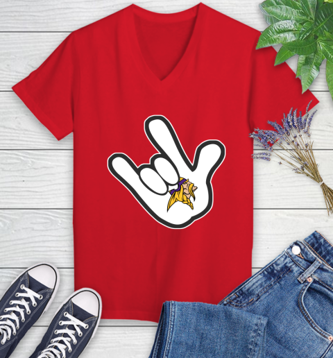 Minnesota Vikings NFL Football Mickey Rock Hand Disney Women's V-Neck T-Shirt 12