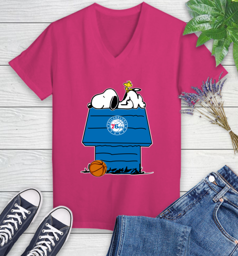 Philadelphia 76ers NBA Basketball Snoopy Woodstock The Peanuts Movie Women's V-Neck T-Shirt 9