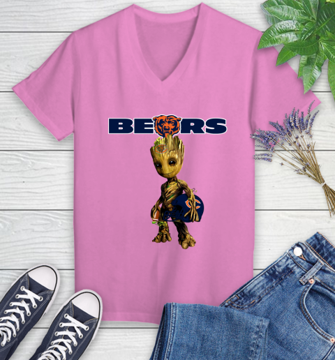 Chicago Bears NFL Football Groot Marvel Guardians Of The Galaxy Women's V-Neck T-Shirt 14