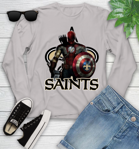NFL Captain America Thor Spider Man Hawkeye Avengers Endgame Football New Orleans Saints Youth Long Sleeve 12