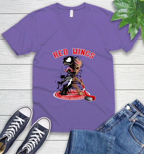 NHL Detroit Red Wings Hockey Venom Groot Guardians Of The Galaxy V-Neck T-Shirt 9