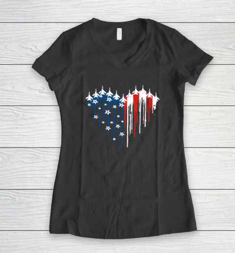 Retro Fighter Jet Airplane American Flag Heart 4th Of July Women's V-Neck T-Shirt 4