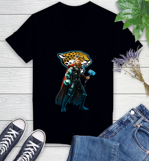 NFL Thor Avengers Endgame Football Jacksonville Jaguars Women's V-Neck T-Shirt 2