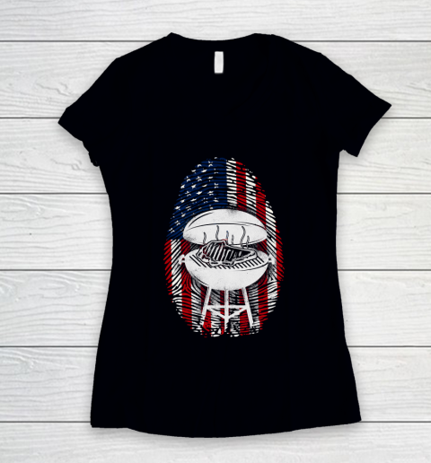 Independence Day 4th Of July BBQ Smoker American Flag Fingerprint Patriotic Women's V-Neck T-Shirt