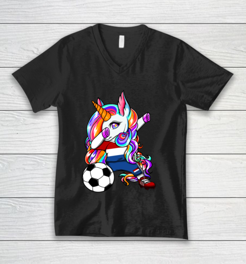 Dabbing Unicorn Netherlands Soccer Fans Jersey Flag Football V-Neck T-Shirt