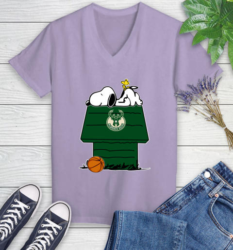 Milwaukee Bucks NBA Basketball Snoopy Woodstock The Peanuts Movie Women's V-Neck T-Shirt 14
