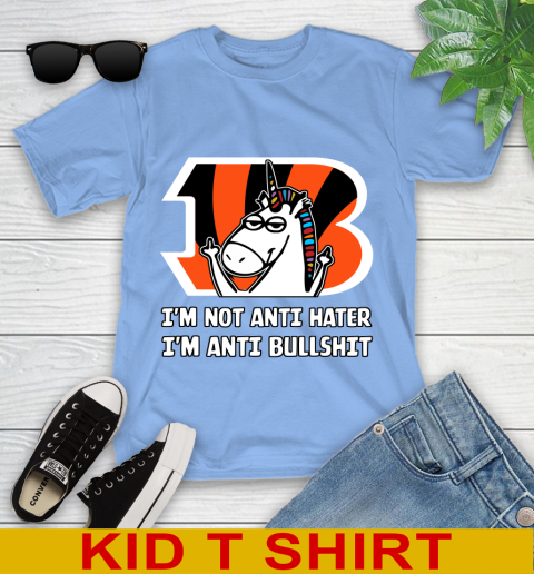Cincinnati Bengals NFL Football Unicorn I'm Not Anti Hater I'm Anti Bullshit Youth T-Shirt 11