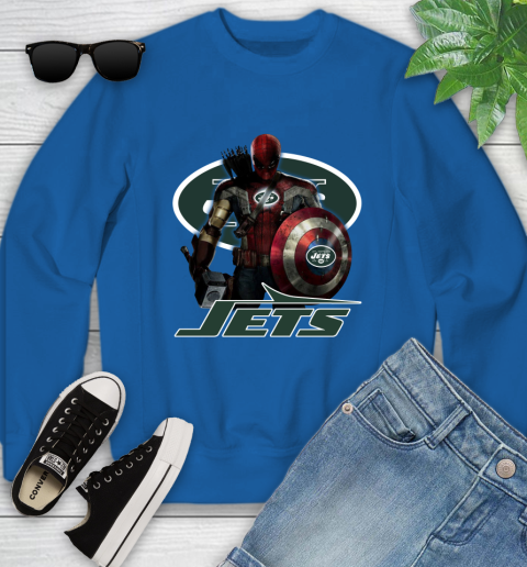 NFL Captain America Thor Spider Man Hawkeye Avengers Endgame Football New York Jets Youth Sweatshirt 8