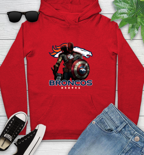 NFL Captain America Thor Spider Man Hawkeye Avengers Endgame Football Denver Broncos Youth Hoodie 11
