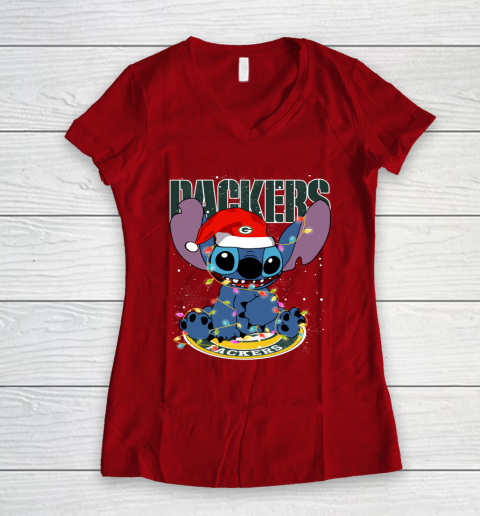 Green Bay Packers NFL Football noel stitch Christmas Women's V-Neck T-Shirt 6