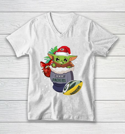 Green Bay Packers Christmas Baby Yoda Star Wars Funny Happy NFL V-Neck T-Shirt 2